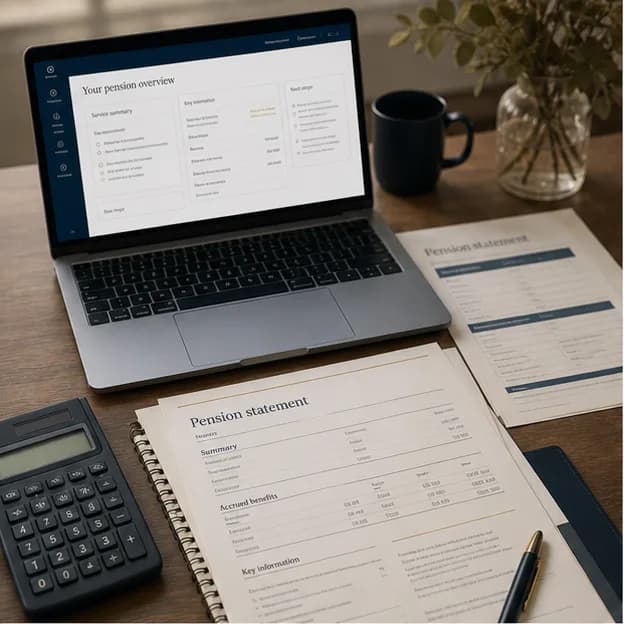Pension statement, calculator and secure portal on a desk